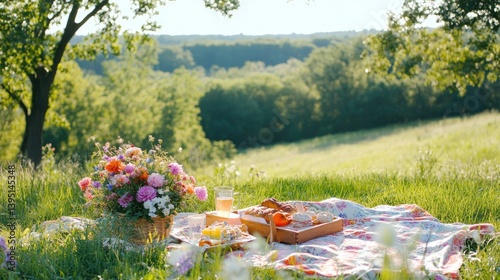 Peaceful Picnic Setup in Nature with Flowers and Snacks photo