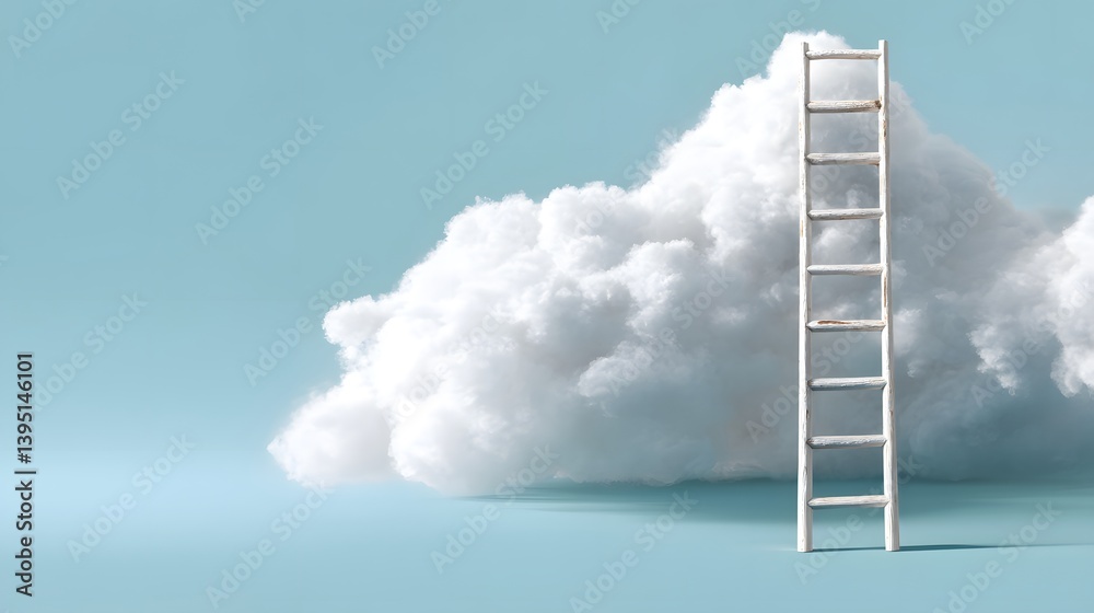 White wooden ladder stretches toward a fluffy cloud against light blue sky, creating surreal minimalist composition with dreamlike, metaphorical climbing-to-sky concept. White wooden ladder stretches toward a fluffy cloud against light blue sky, creating surreal minimalist composition with dreamlike, metaphorical climbing-to-sky concept.