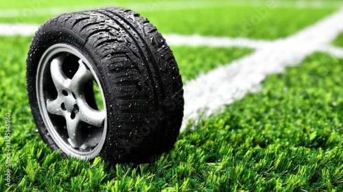 Wet Tire on Green Grass Field with White Lines Automotive Component