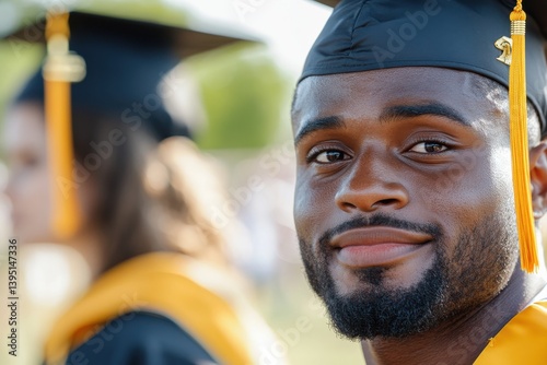 A smiling graduate wearing a cap and gown, joyfully celebrating their achievement in a lively atmosphere, symbolizing the culmination of hard work and dedication.