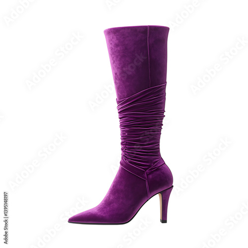 Bold Purple Velvet Over-the-Knee Boots with Ruche Isolated on Transparent Background