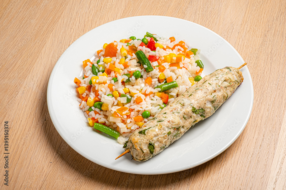 A vibrant plate showcases vegetarian skewers alongside a hearty mix of colorful rice and veggies A vibrant plate showcases vegetarian skewers alongside a hearty mix of colorful rice and veggies