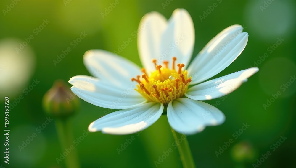 Fototapeta premium Glistening dewdrop on pristine white wildflower, clean, petals