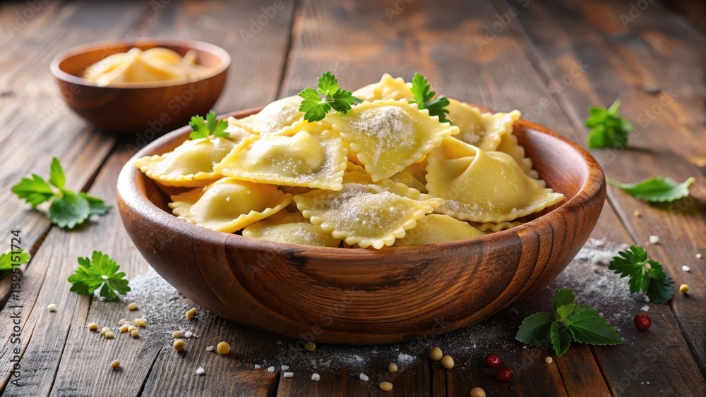 A steaming hot pile of raw raviolis in a wooden bowl, with a sprinkle of parmesan cheese and fresh parsley on top , wood, pasta A steaming hot pile of raw raviolis in a wooden bowl, with a sprinkle of parmesan cheese and fresh parsley on top , wood, pasta