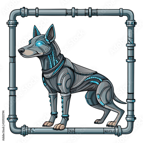 Design a bold, vector illustration of a cyborg dog, incorporating LED elements.  Focus on strong, impactful lines and vibrant colors.