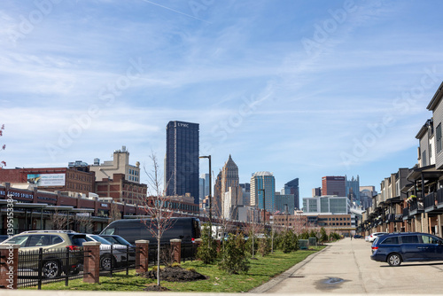 Pittsburgh, Pennsylvania, USA – March 25, 2024: A clear view of downtown Pittsburgh’s skyline from Mount Washington, featuring the U.S. Steel Tower and Fort Duquesne Bridge over the Allegheny River. photo