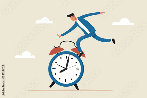 Punctual being on time or time management, work deadline or procrastination, self discipline, work efficiency or reminder, urgency or quick work concept, confidence businessman jump over alarm clock.