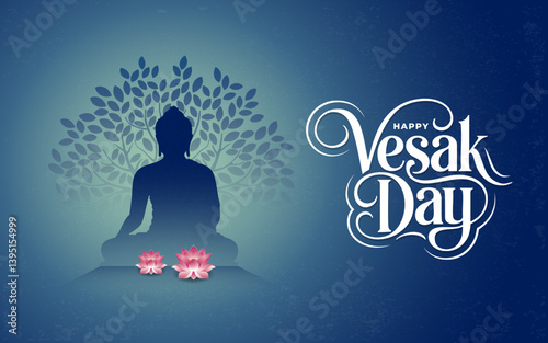 Happy Vesak Day celebration background featuring a Lord Buddha silhouette and floral ornaments vector
