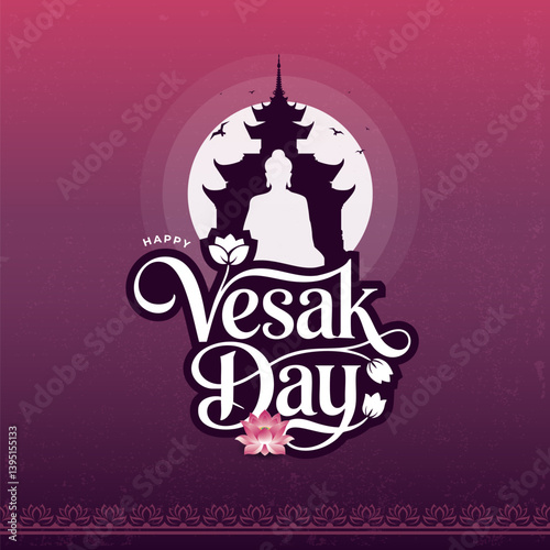 Happy Vesak Day background template with Lord Buddha silhouette and floral ornaments vector
