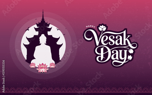 Happy Vesak Day celebration background featuring a Lord Buddha silhouette and floral ornaments vector