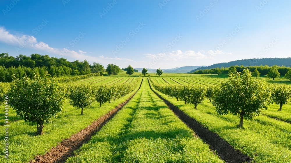 Fototapeta premium Scenic Landscape of Lush Green Fields and Rows of Young Trees