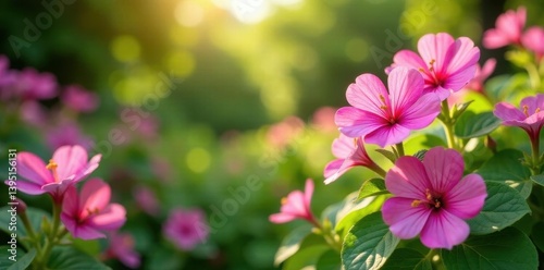 Vibrant pink flowers, lush garden setting, sunlight dappled, flower field, texture