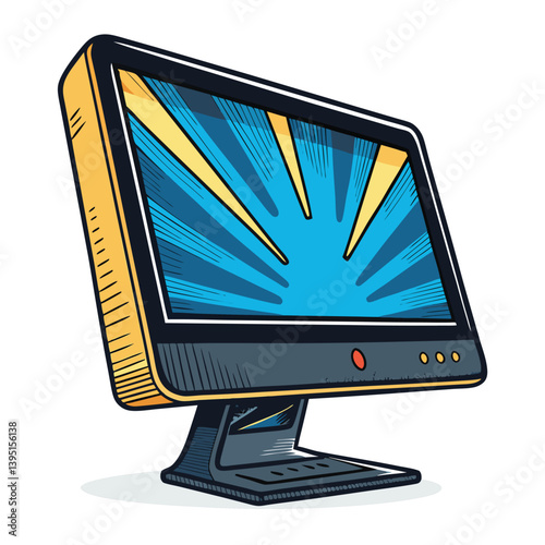 Create a bold, vector illustration of a modern desktop monitor displaying vibrant, abstract strokes.