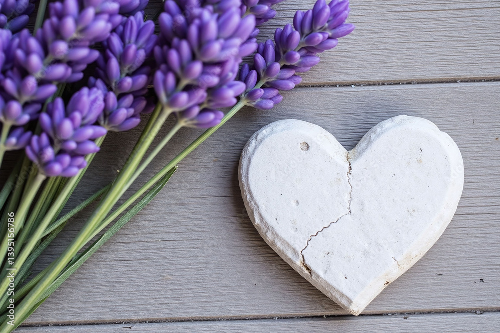 Fototapeta premium heart shaped stone next to a bunch of lavender flowers
