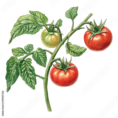 Educational watercolor illustration of tomato plant growth stages on branch with soft natural tones.