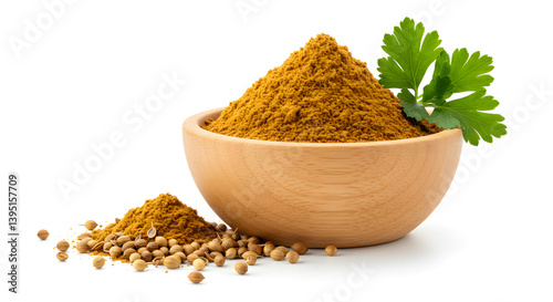 Wooden bowl filled with yellow spice powder, coriander seeds, and fresh parsley on white.