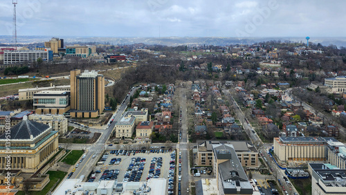 Pittsburgh, Pennsylvania, USA – April 10, 2024: Aerial view of the Oakland neighborhood showing Carnegie Museums, University of Pittsburgh buildings, and surrounding residential areas.