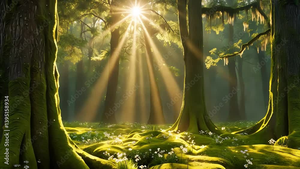 Majestic forest scene with sun rays piercing through tall moss-covered trees, illuminating lush green ground cover and casting vibrant natural light beams in a peaceful woodland

