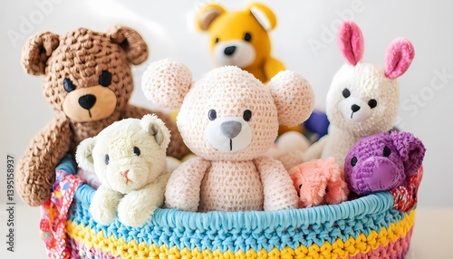 A heartwarming collection of crocheted teddy bears, a bunny, and other adorable plush animals nestled in a colorful knitted basket, radiating warmth and childhood innocence.