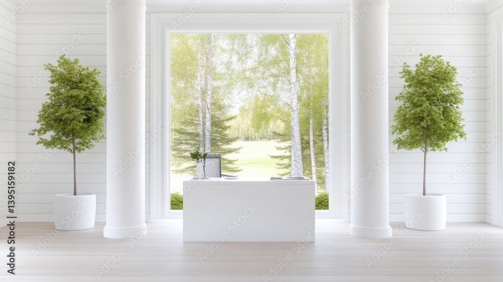 Fototapeta premium White reception desk with garden view