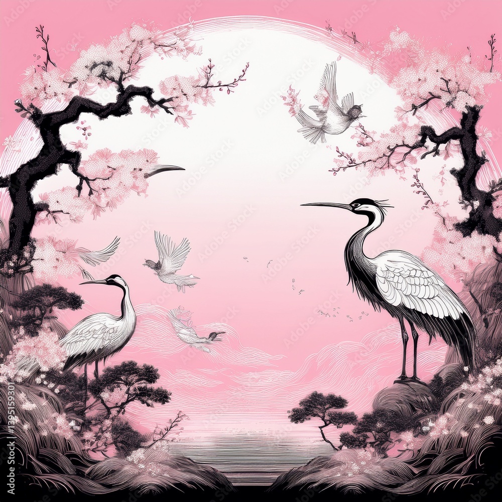 Fototapeta premium creative border frame of Japanese patterns with crane birds, bonsai trees, cherry blossom flowers background, graphic resource