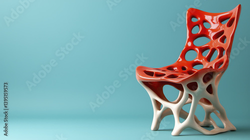 Modern chair design features unique structure with vibrant red color and organic shapes, creating striking visual appeal
