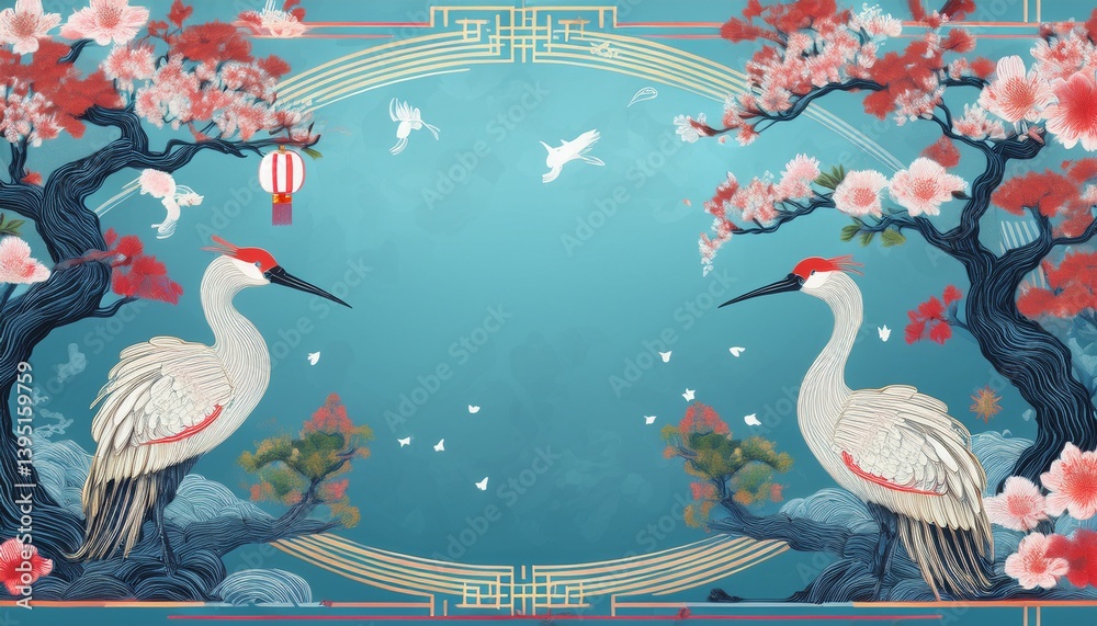 Fototapeta premium creative border frame of Japanese patterns with crane birds, bonsai trees, cherry blossom flowers background, graphic resource