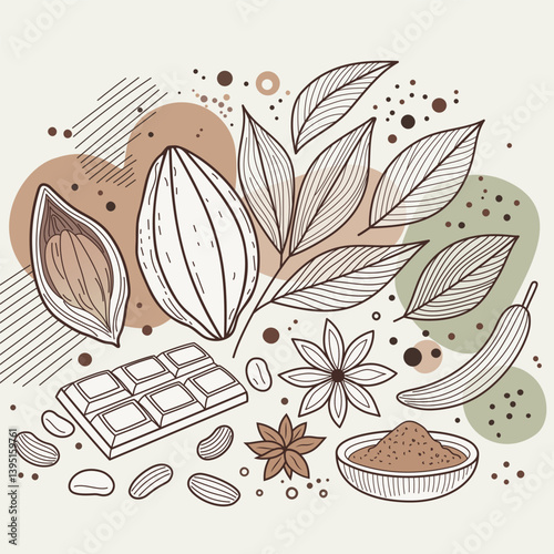 Cacao Beans and Chocolate Ingredients Illustration. Vector hand-drawn illustration of cacao beans, chocolate bar, cocoa powder, spices, and leaves. Decorative food sketch with abstract shapes. 