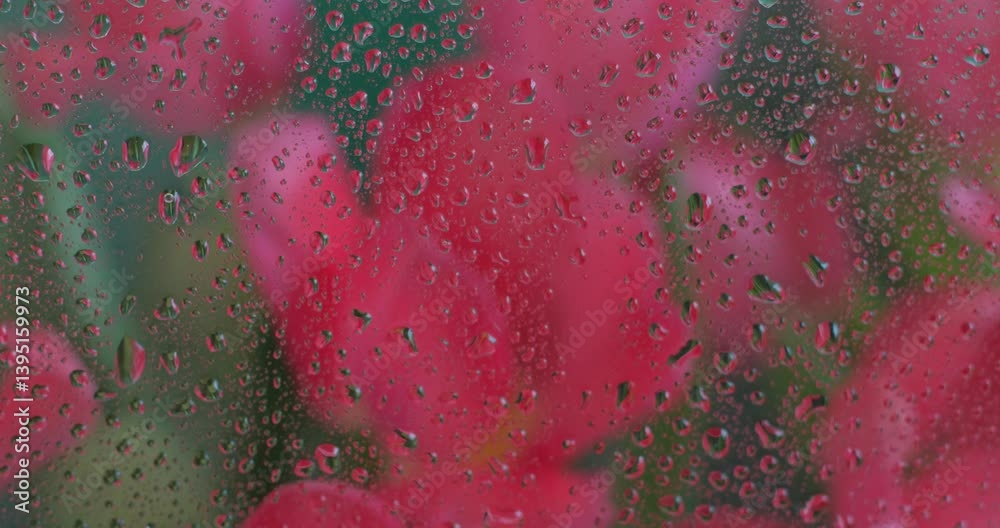Pink tulip flowers behind wet glass with water drops. Floral abstact close up