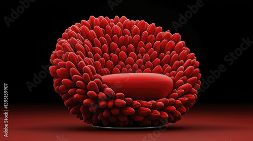 This vibrant red chair features unique, flower like design, creating bold statement piece for any modern interior. Its plush, rounded shape