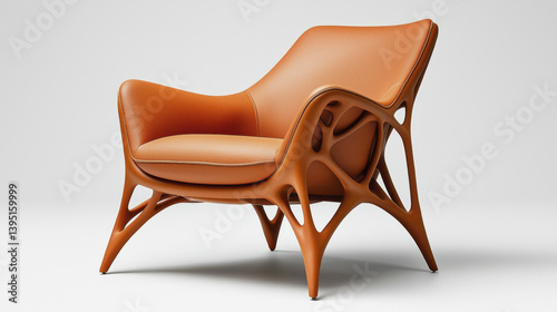 Modern leather chair with organic design, featuring unique structure and warm orange color, perfect for contemporary interiors