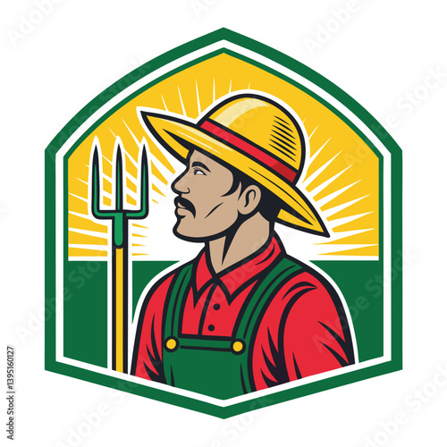 Create a bold vector illustration of a farmer wearing a straw hat, using thick, impactful lines and strong color contrasts.  Focus on a stylized, graphic representation.