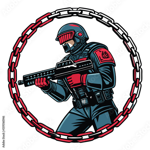 Design a bold vector illustration of a dystopian police officer, showcasing strong lines and impactful composition.  Include elements reflecting a bleak, futuristic setting.