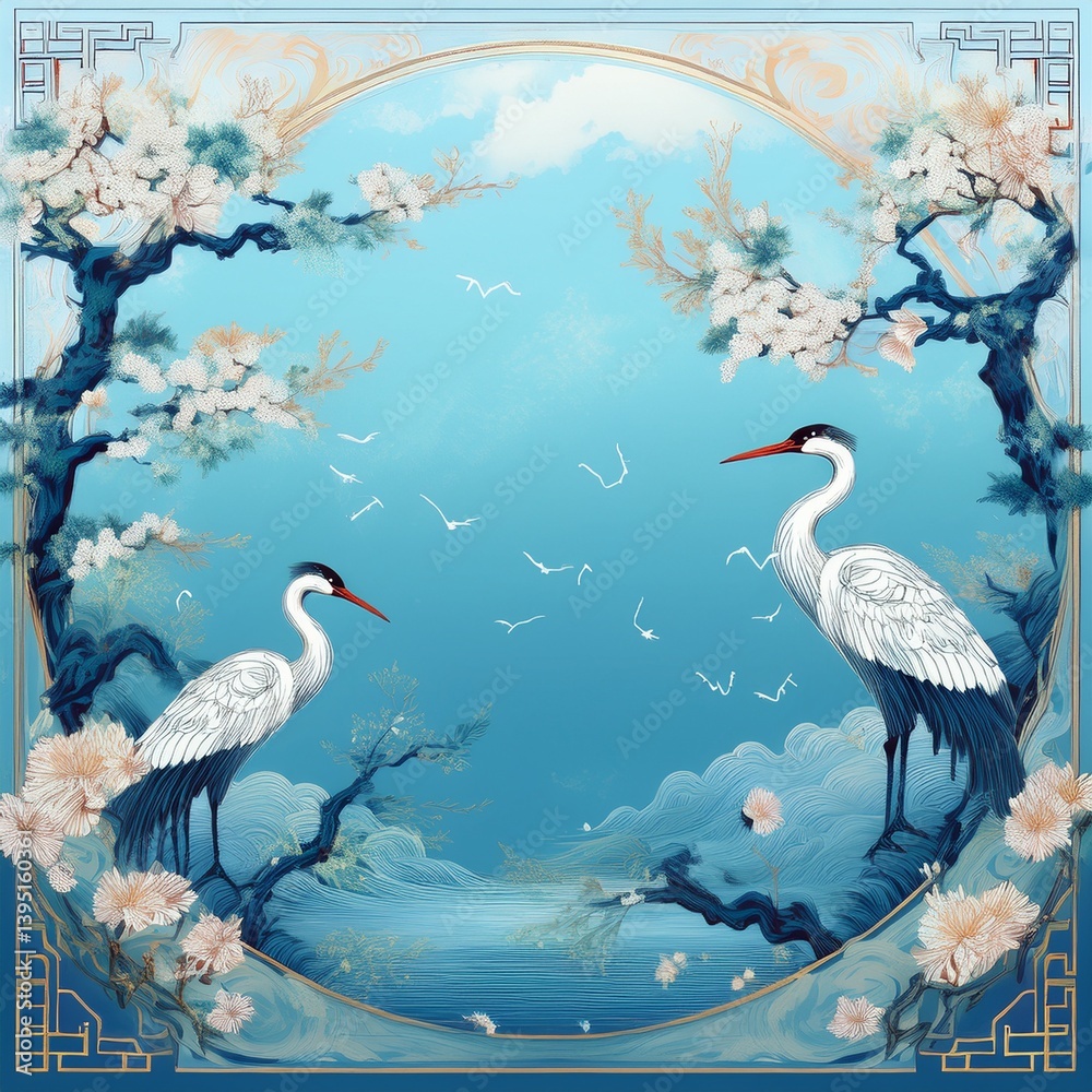 Fototapeta premium creative border frame of Japanese patterns with crane birds, bonsai trees, cherry blossom flowers background, graphic resource