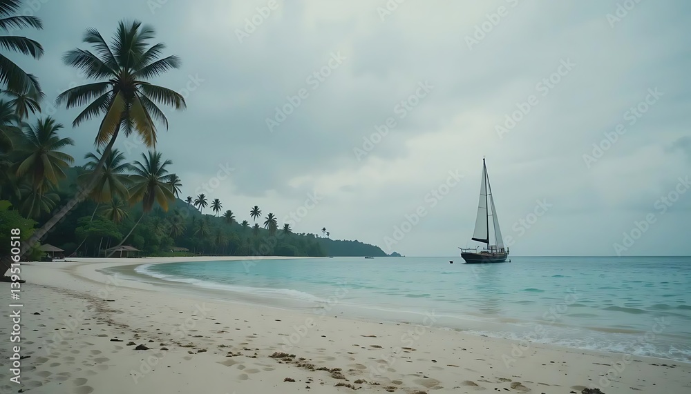 Obraz premium Sailing Boat Anchored Off Tropical Beach with Palm Trees and Cloudy Sky