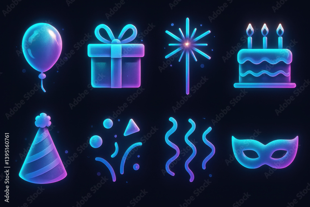 Neon party icons set: celebrate with 3d elements like balloons, cake, gifts, and more Neon party icons set: celebrate with 3d elements like balloons, cake, gifts, and more
