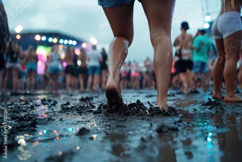 A festival participant walks barefoot through muddy ground, capturing the essence of carefree enjoyment and connection to nature at a lively outdoor event.
