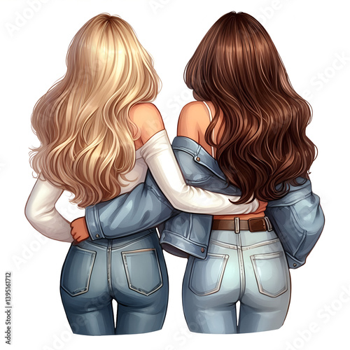 Best Friends, Soul Sisters, Family Girly File, BFF Long Hair Illustration, Blonde and Brunette Friendship