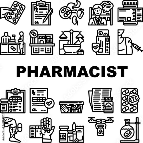 pharmacist medication drugs icons set vector