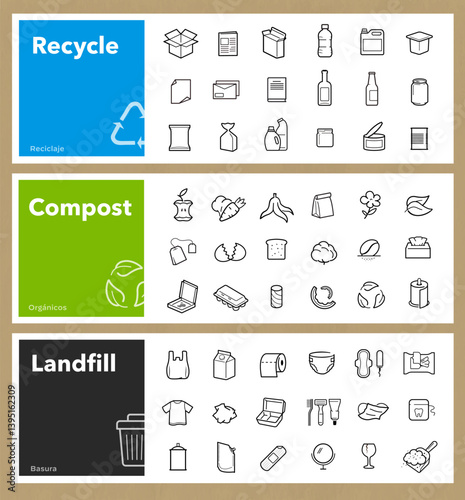 Ready sets of icons for separating waste on trash, compost, recycle. Vector elements are made with high contrast, well suited to different scales. Ready for use in your design. EPS10.