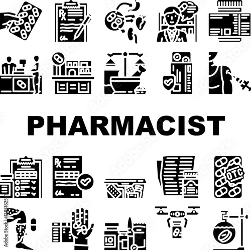 pharmacist medication drugs icons set vector