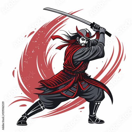 Create a vector illustration of a fierce samurai, bold lines, dynamic pose, katana, detailed armor, dramatic lighting, minimalist style.