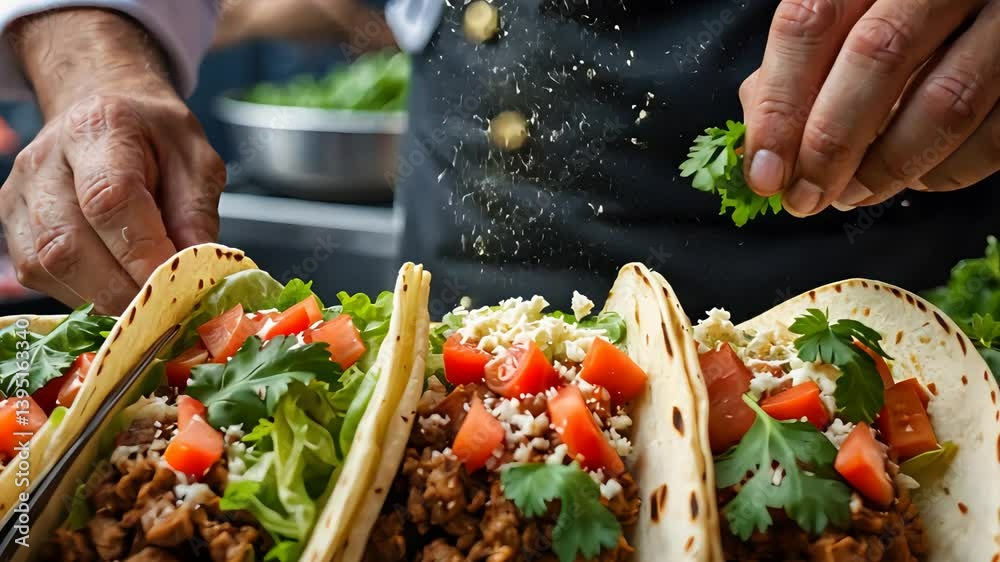 Hands preparing fresh tacos with seasoned ground beef, chopped tomatoes, cilantro, and shredded lettuce on soft tortillas in a vibrant, close-up food preparation scene

