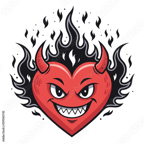 Create a vector illustration of a flaming demonic heart with bold, thick strokes; intense fiery colors, sharp edges, and dramatic shading.
