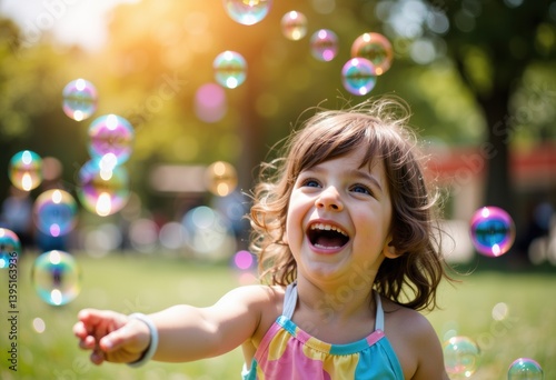 Obraz na płótnie Joyful girl playing with bubbles in a sunny park setting w salonie