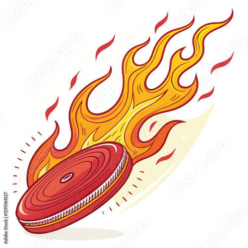 Design a vector illustration of a flaming frisbee spinning dynamically, featuring bold, thick strokes and vibrant colors.  Emphasis on motion and energy.