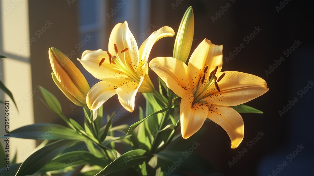 Obraz premium Bright lilies bask in soft sunlight, showcasing nature’s beauty with vibrant yellow petals and lush green leaves.