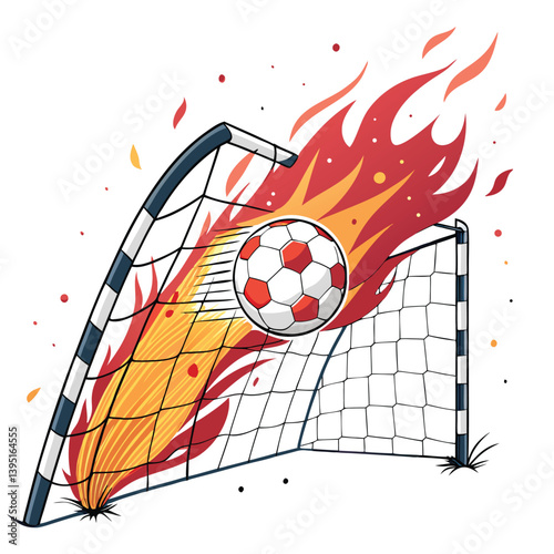 Create a bold, vector illustration of a flaming soccer goal net, emphasizing dramatic, fiery strokes.  Include realistic fire details.