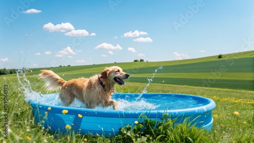 Golden Retriever Splashing in Kiddie Pool, Summer Fun, Canine Joy, Outdoor Photography, Blue Pool, Dog, Water
