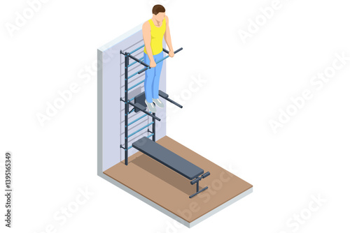 Pull-up and muscle-up. Isometric vector image of a man performing muscle-up exercise on gym wall bars. Upper body strength training, gymnastics workout. Athletic lifestyle, sports equipment.